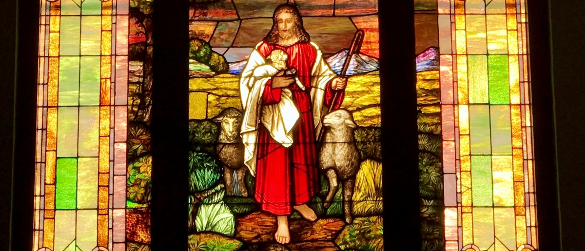Stained glass showing Jesus as Shepherd at Cumberland First Baptist Church
